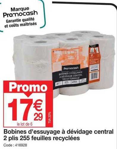 bobines d'essuyage à dévidage central 2 plis 255 feuilles recyclées
