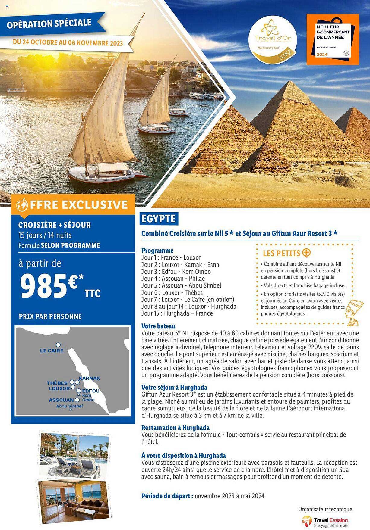 egypte : combiné croisière sur le nil 5* et séjour au giftun azur resort 3*