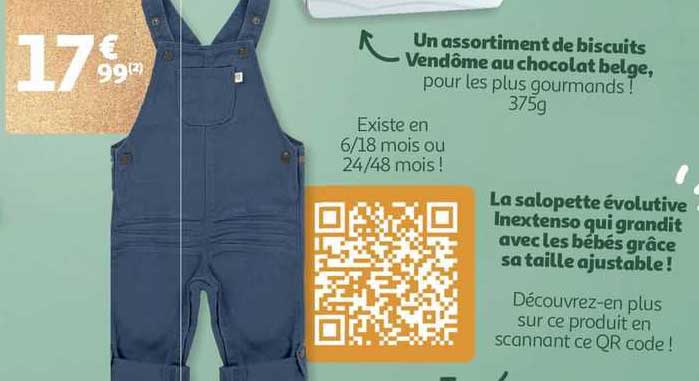 un assortiment de biscuits vendôme au chocolat belge, la salopette évolutive inextenso qui grandit avec les bébés grâce sa taille ajustable