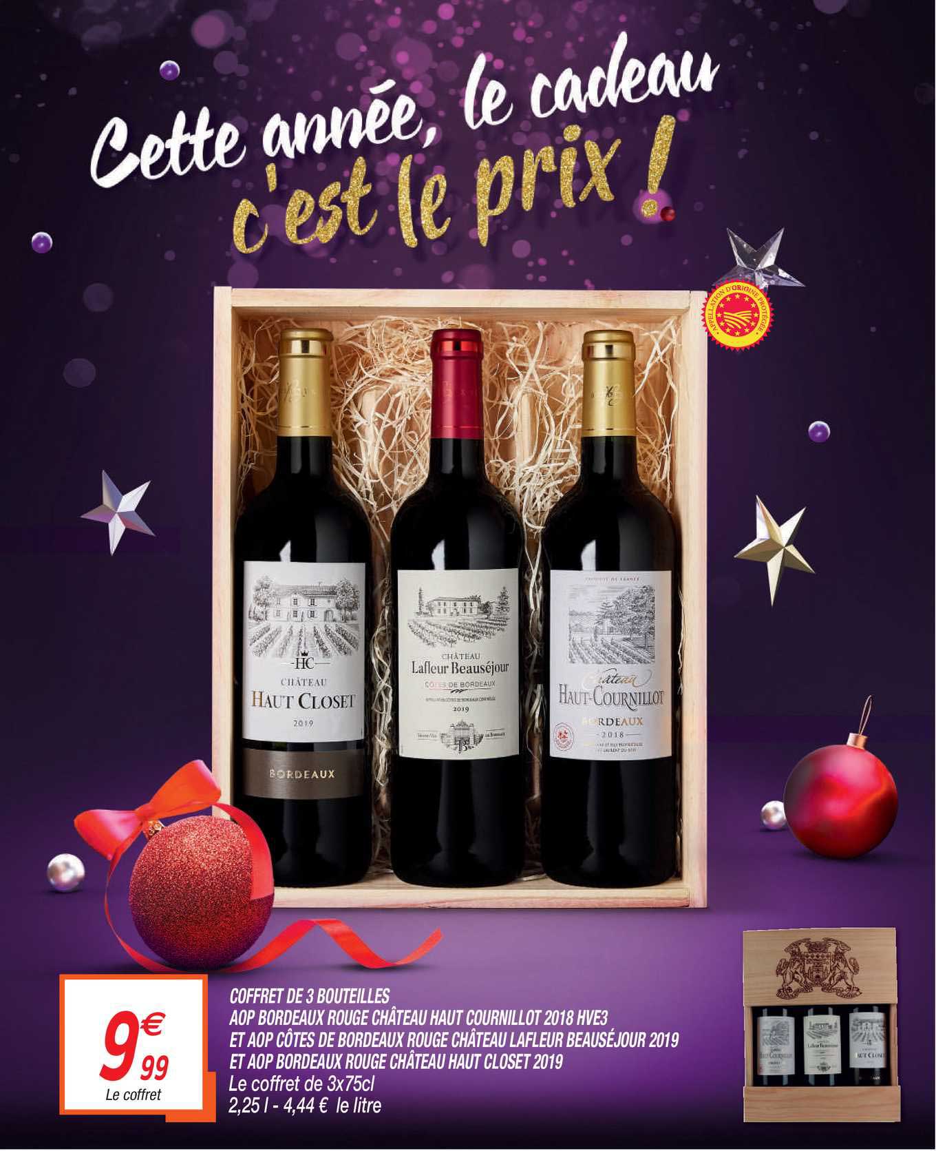 coffret de 3 bouteilles aop bordeaux rouge château haut cournillot 2018 hve3 et aop côtes de bordeaux rouge château lafleur beauséjour 2019 et aop bordeau rouge château haut closet 2019