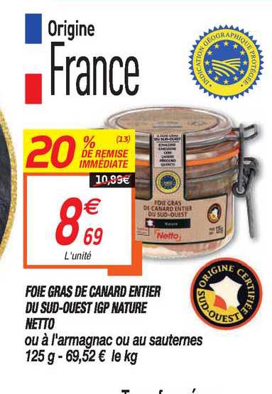 foie gras de canard entier du sud ouest igp nature netto 20% de remise immédiate