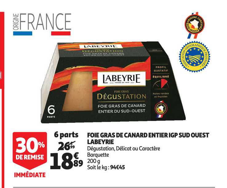 foie gras de canard entier igp sud ouest labeyrie 30% de remise immédiate