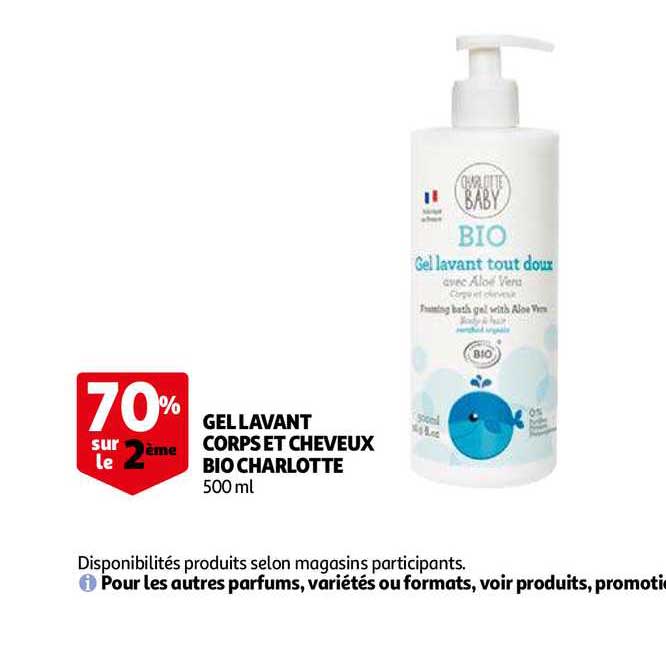 gel lavant corps et cheveux bio charlotte 70% sur le 2e