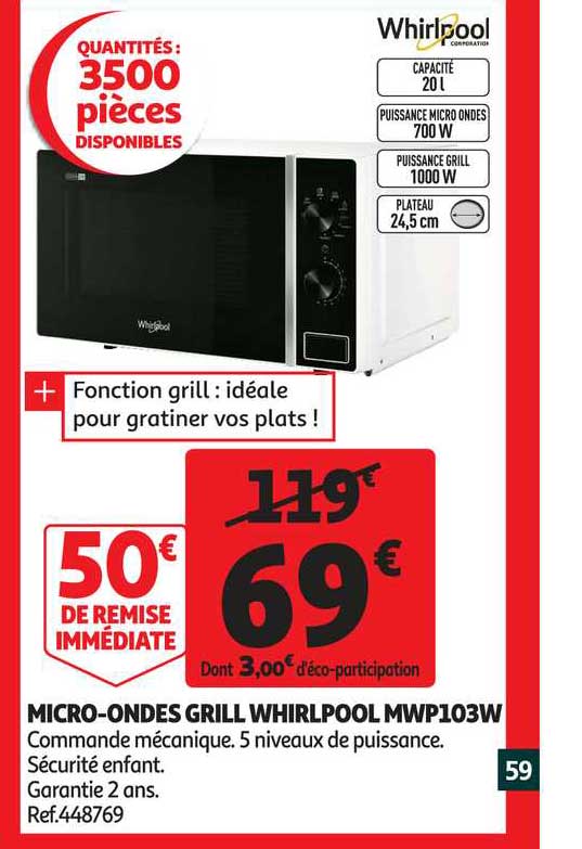 micro ondes grill whirlpool mwp103w