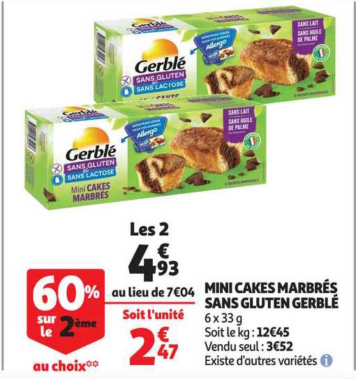 mini cakes marbrés sans gluten gerblé 60% sur le 2ème au choix