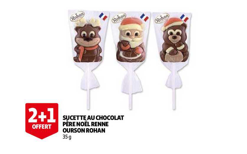 sucette au chocolat père noël renne ourson rohan 2+1 offert