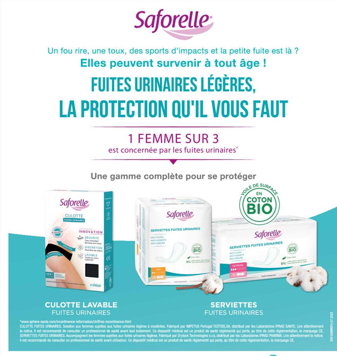culotte lavable fuites urinaires saforelle, serviettes fuites urinaires saforelle