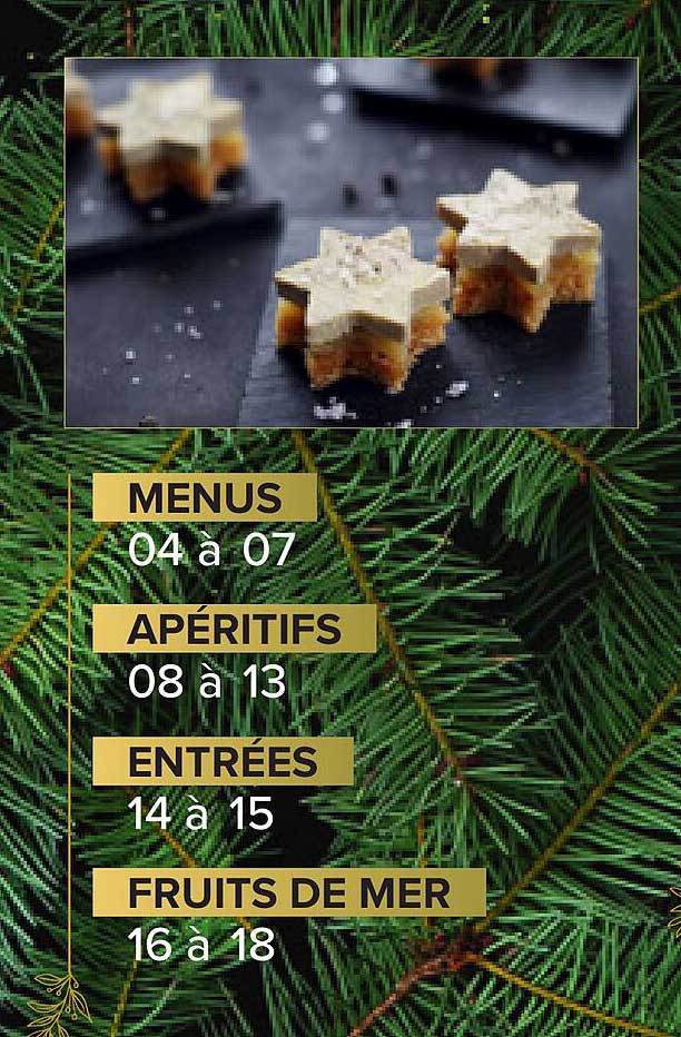 menus, apéritifs, entrées, fruits de mer