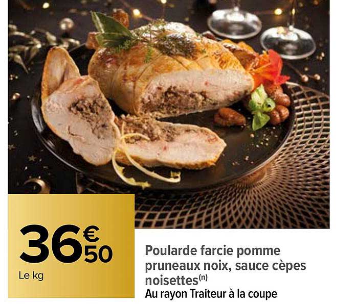 poularde farcie pomme pruneaux noix, sauce cèpes noisettes