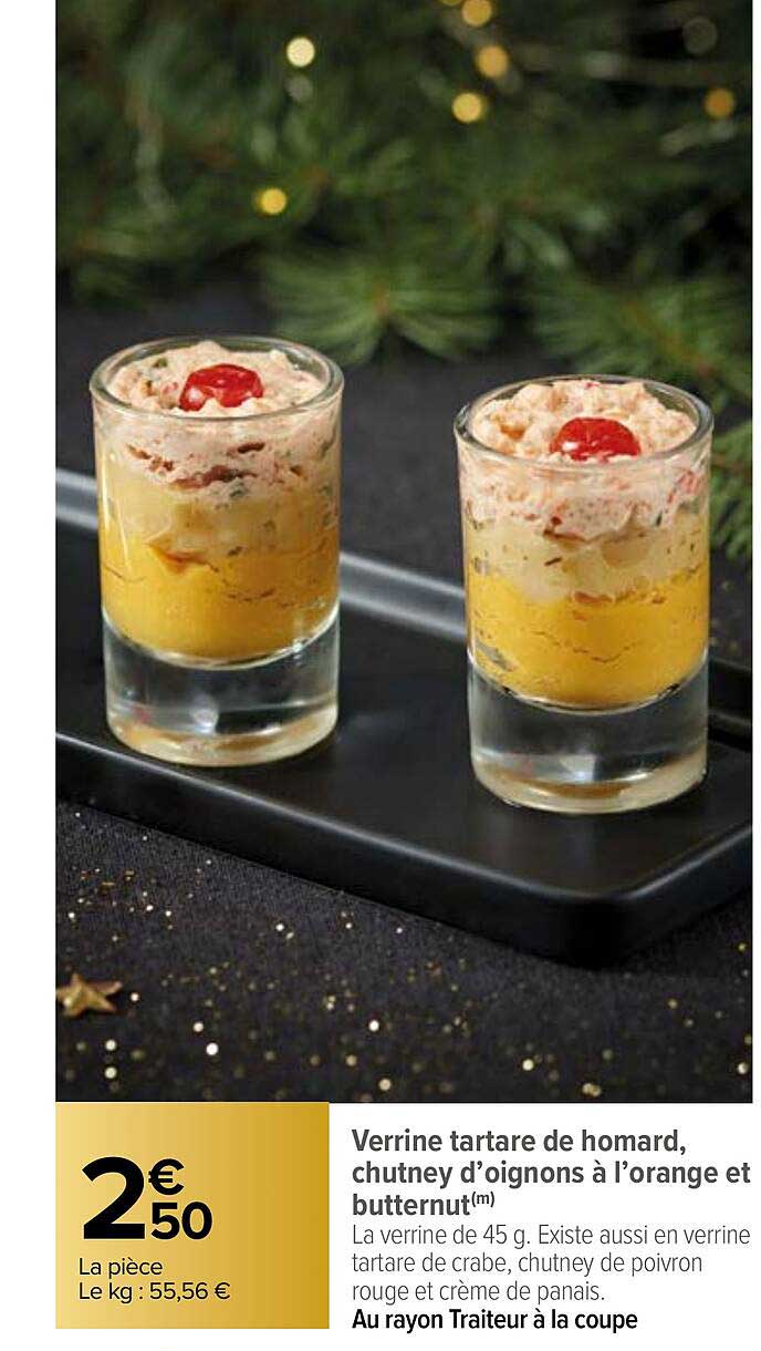 verrine tartare de homard, chutney d'oignons à l'orange et butternut
