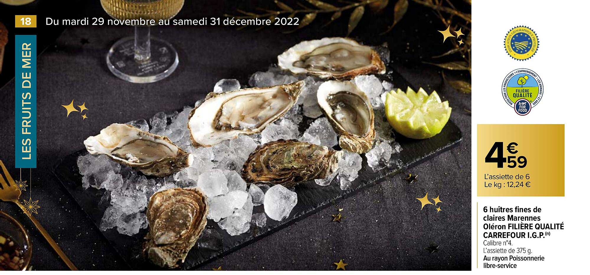 6 huîtres fines de claires marennes oléron filière qualité carrefour i.g.p.