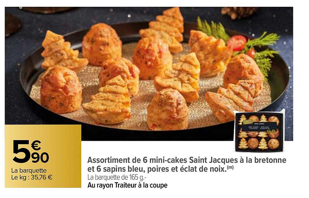 assortiment de 6 mini-cakes saint jacques à la bretonne et 6 sapins bleu, poires et éclat de noix