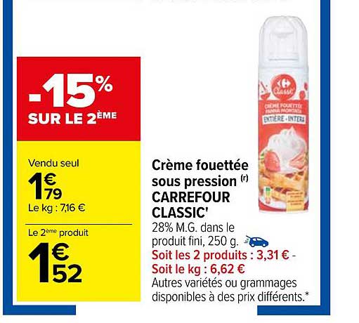 crème fouettée sous pression carrefour classic'