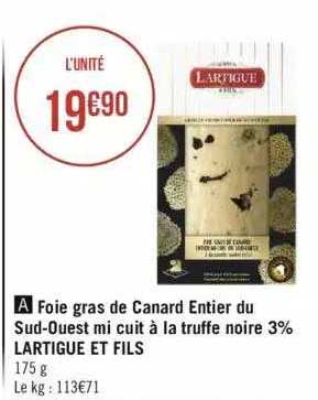 foie gras de canard entier du sud-ouest mi cuit à la truffe noire 3% lartigue et fils