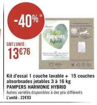 kit d'essai 1 couche lavable + 15 couches absorbantes jetables pampers harmonie hybrid