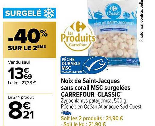 noix de Saint-Jacques sans corail msc surgelées carrefour classic'