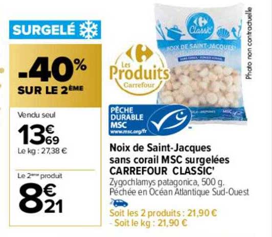 noix de Saint-Jacques sans corail msc surgelées carrefour classic'