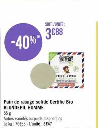 Pain De Rasage Solide Certifie Bio Blondepil Homme
