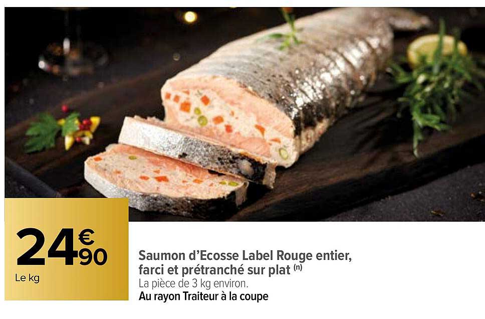 saumon d'écosse label rouge entier, farci et prétranché sur plat