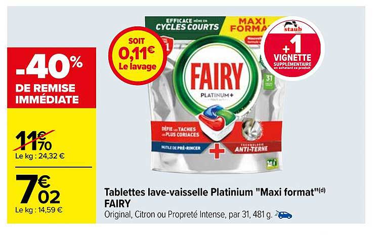 tablettes lave-vaisselle platinium "maxi format" fairy