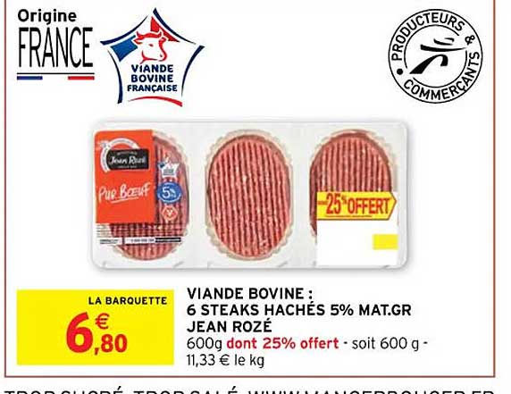 viande bovine : 6 steaks hachés 5% mg jean rozé