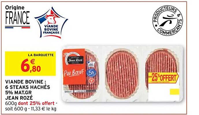 viande bovine : 6 steaks hachés 5% mg jean rozé