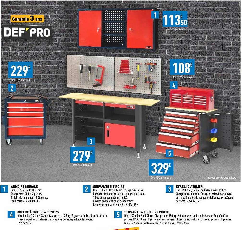 armoire murale, servante 5 tiroirs, établi d'atelier, coffre à outils 6 tiroirs, servante 6 tiroirs + porte