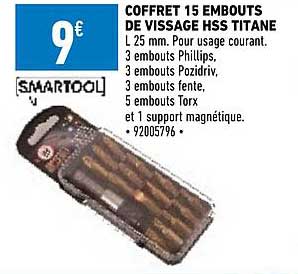 coffret 15 embouts de vissage hss titane smartool