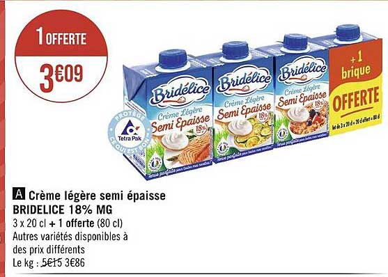 crème légère semi épaisse bridélice 18% mg
