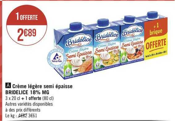 crème légère semi épaisse bridélice 18% mg