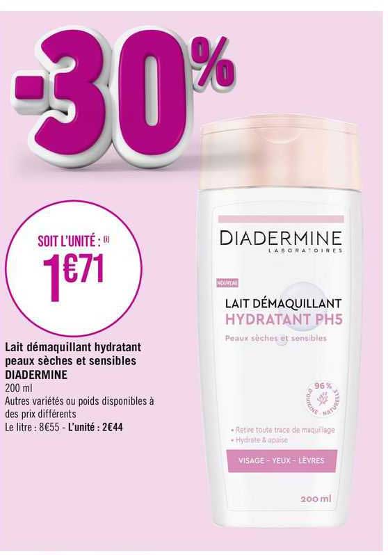 lait démaquillant hydratant peau sèches et sensibles diadermine