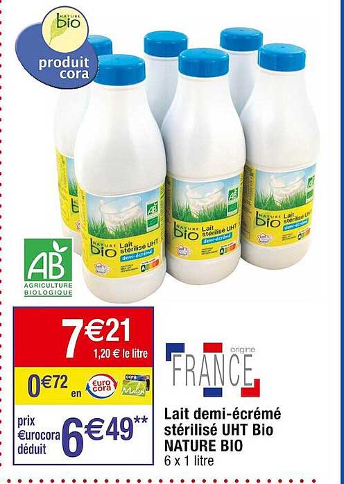 lait demi-écrémé stérilisé uht bio nature bio