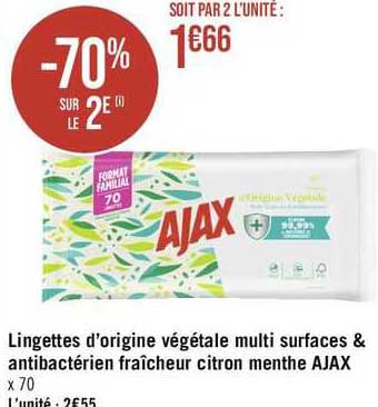 lingettes d'origine végétale multi surfaces & antibactérien fraîcheur citron menthe ajax