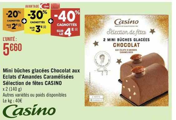 mini bûches glacées chocolat aux éclats d'amandes caramélisées sélection de fêtes casino