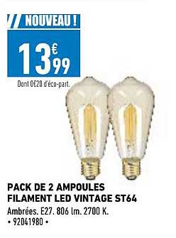 pack de 2 ampoules filament led vintage st64