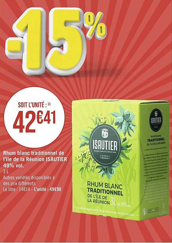 rhum blanc traditionnel de l'île de la réunion isautier 49% vol.