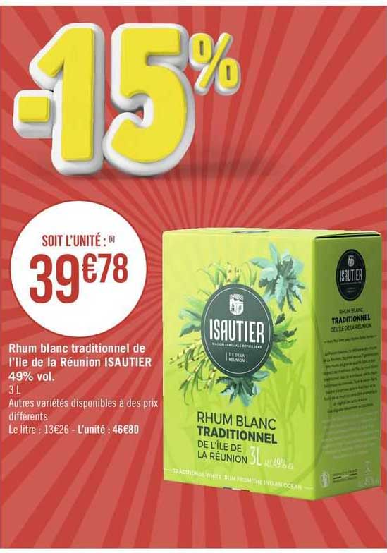 rhum blanc traditionnel de l'île de la réunion isautier 49% vol.