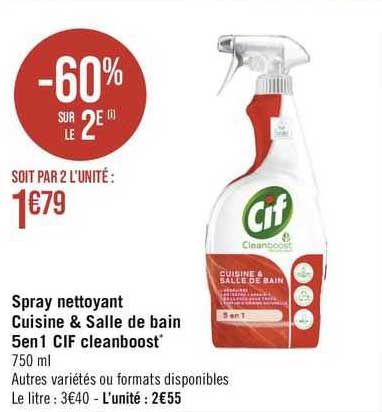 Spray Nettoyant Cuisine & Salle De Bain 5 En 1 Cif Cleanboost
