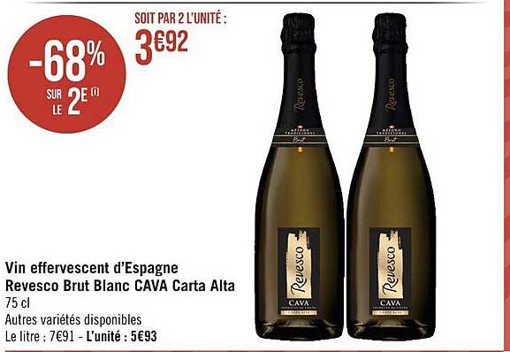 vin effervescent d'espagne revesco brut blanc cava carta alta