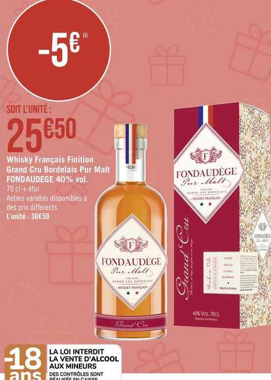 whisky français finition grand cru bordelais pur malt fondaudège 40% vol.