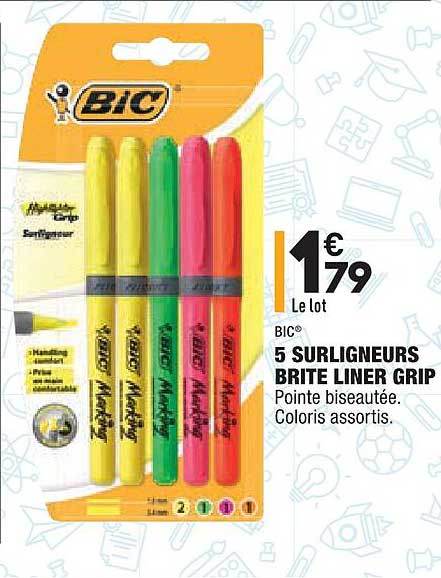 5 surligneurs brite liner grip bic