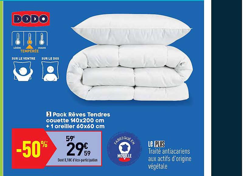 dodo pack rêves tendres couette 140x200 cm + 1 oreiller 60x60 cm