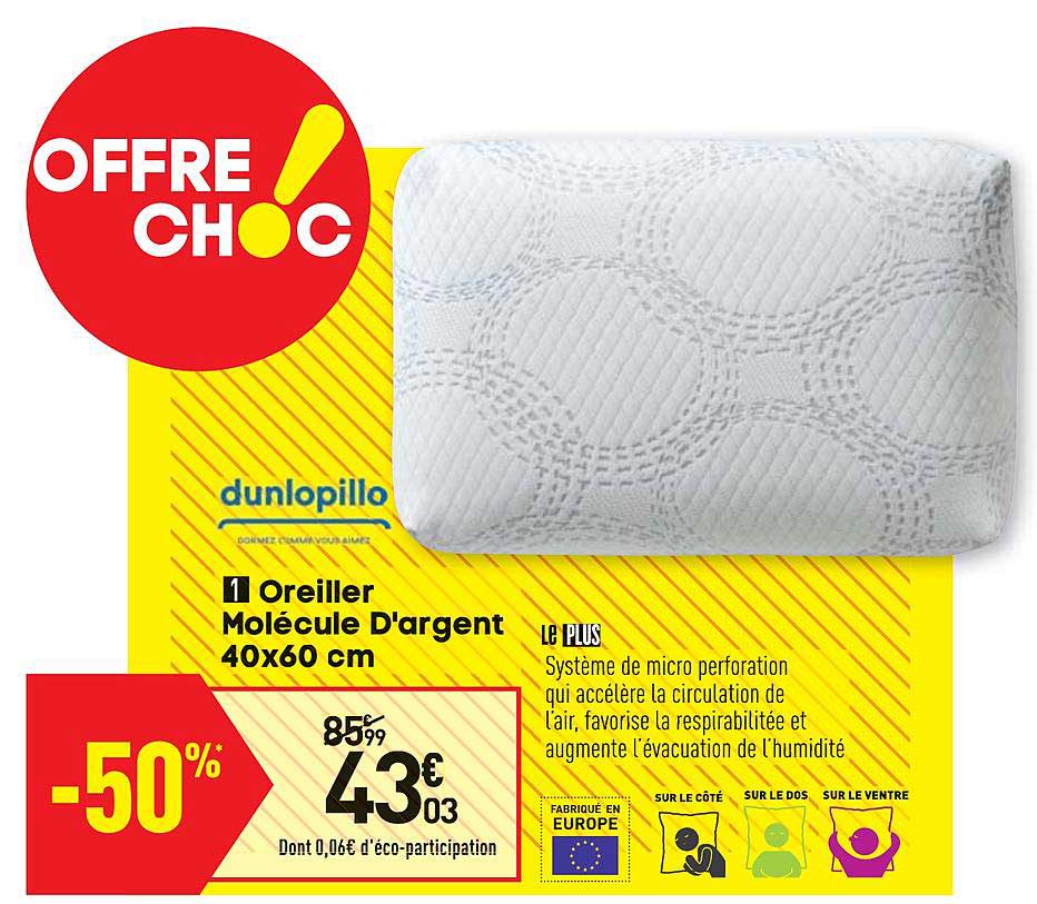 dunlopillo oreiller molécule d'argent 40x60 cm
