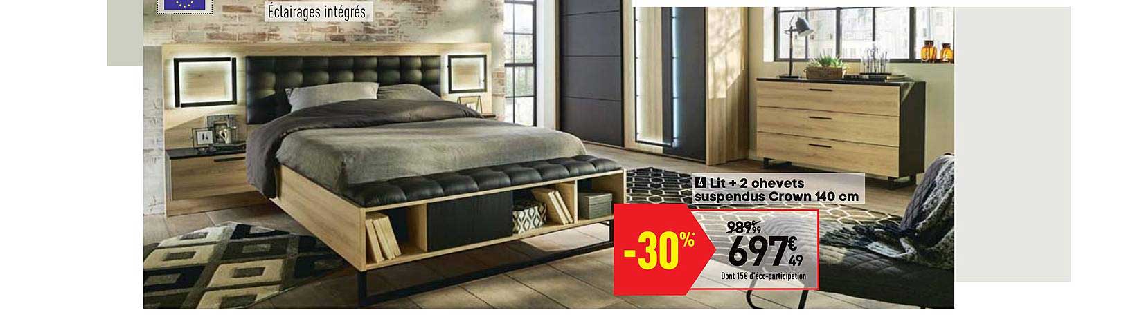 Lit + 2 Chevets Suspendu Crown 140 Cm