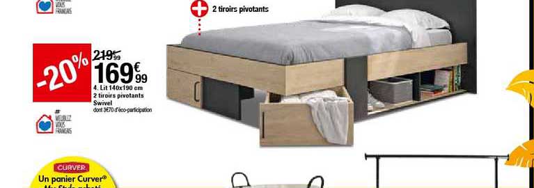 lit 140x190 cm 2 tiroires pivotants