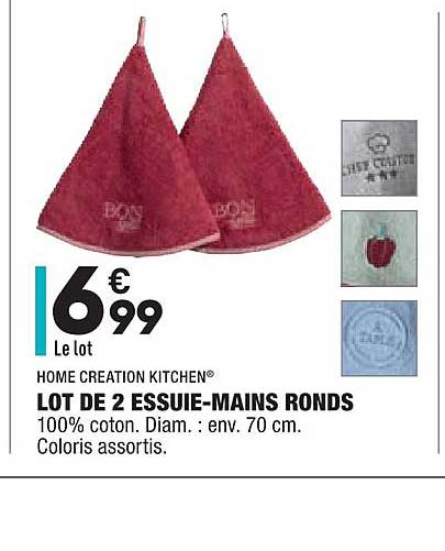 lot de 2 essuie-mains ronds home creation kitchen