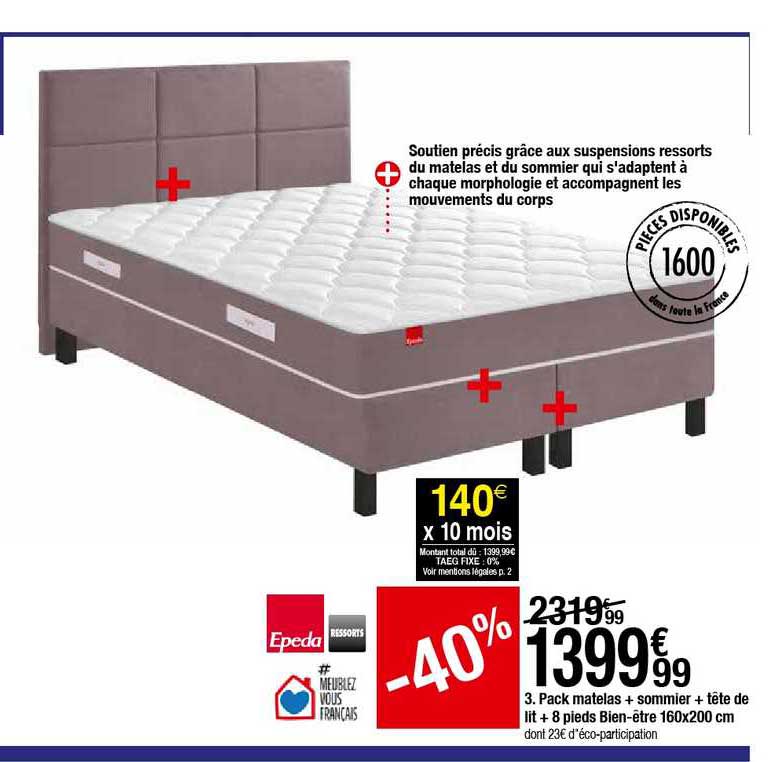 pack matelas + sommier + tête de lit + 8 pieds bien être 160x200 cm