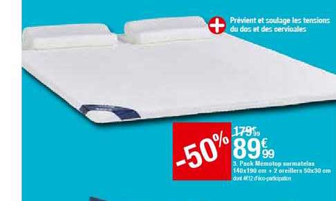 pack memotop surmatelas 140x190 cm + 2 oreillers 50x30 cm