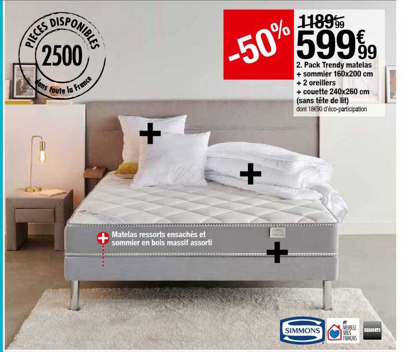 pack trendy matelas + sommier 160x200 cm + 2 oreillers + couette 240x260 cm