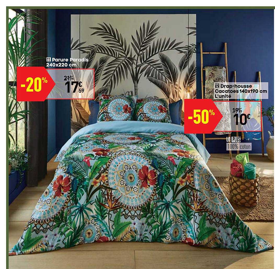 parure paradis 240x220 cm drap housse cacatoes 140x190 cm